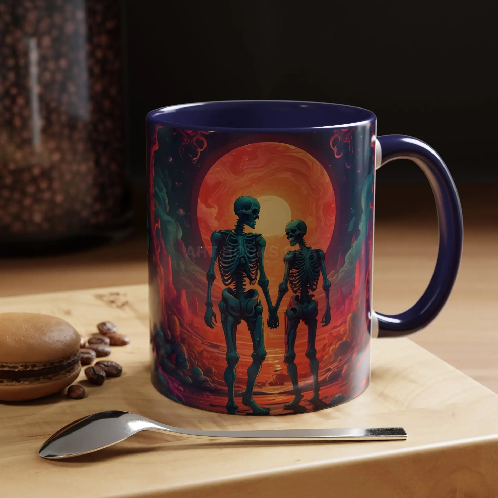 Skeletons in Love Accent Coffee Mug — Retro Neon Skull Couple 11/15oz - Mug