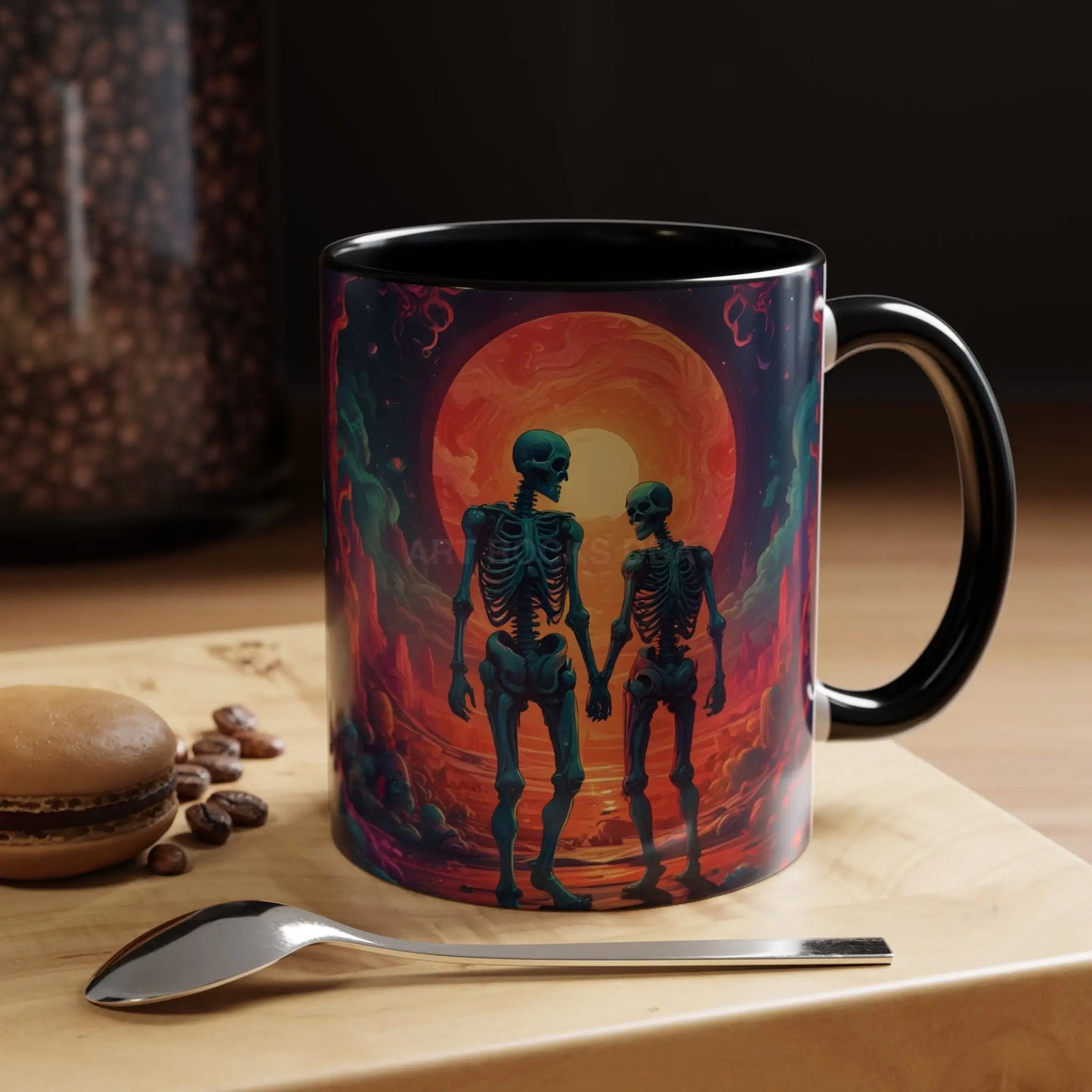 Skeletons in Love Accent Coffee Mug — Retro Neon Skull Couple 11/15oz - 11oz / Black - Mug