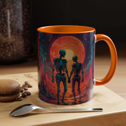 Skeletons in Love Accent Coffee Mug — Retro Neon Skull Couple 11/15oz - Mug