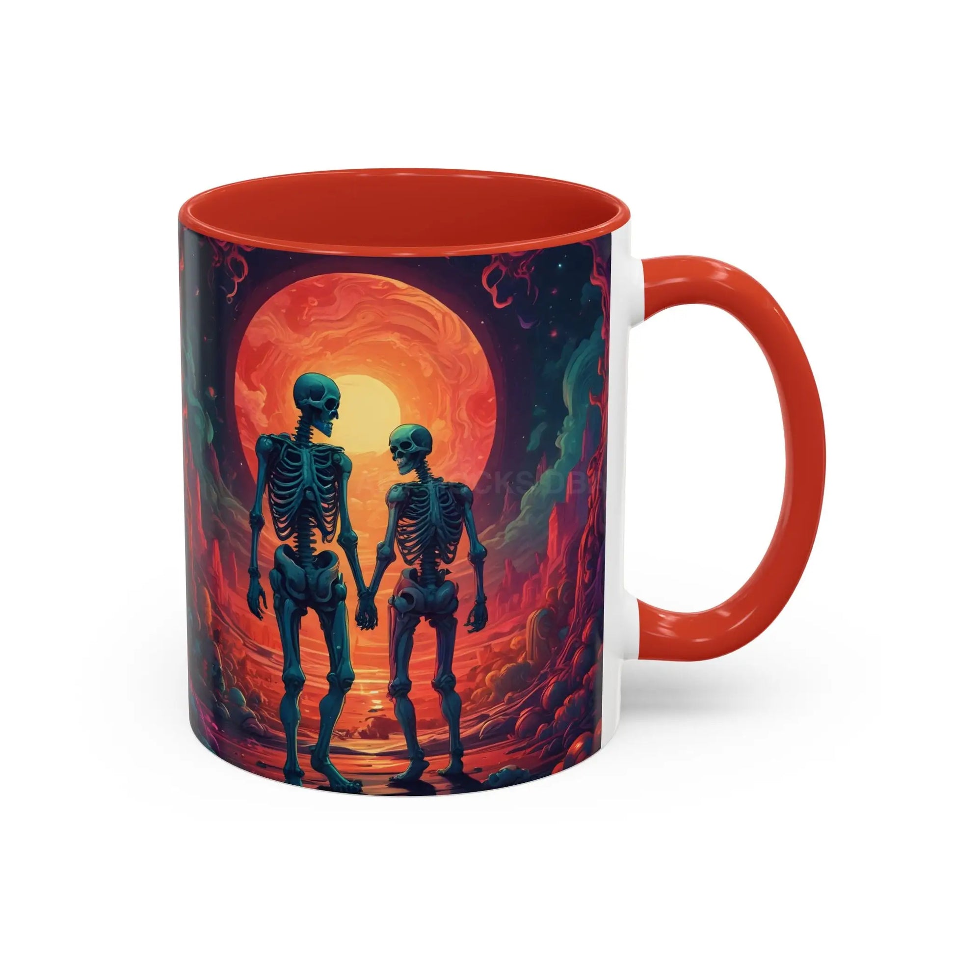 Skeletons in Love Accent Coffee Mug — Retro Neon Skull Couple 11/15oz - Mug