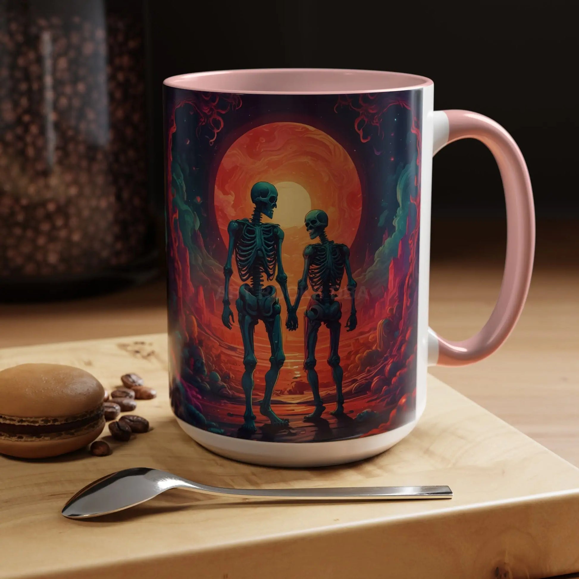 Skeletons in Love Accent Coffee Mug — Retro Neon Skull Couple 11/15oz - Mug