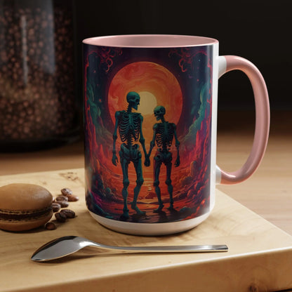 Skeletons in Love Accent Coffee Mug — Retro Neon Skull Couple 11/15oz - Mug