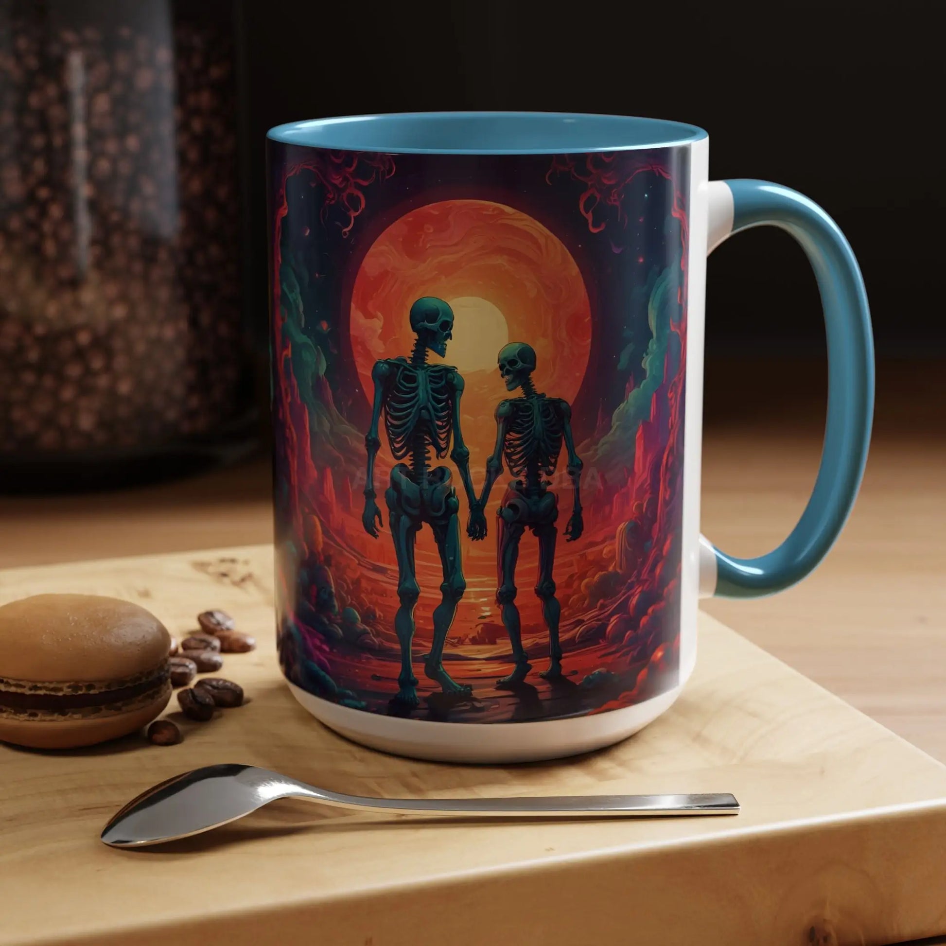 Skeletons in Love Accent Coffee Mug — Retro Neon Skull Couple 11/15oz - Mug