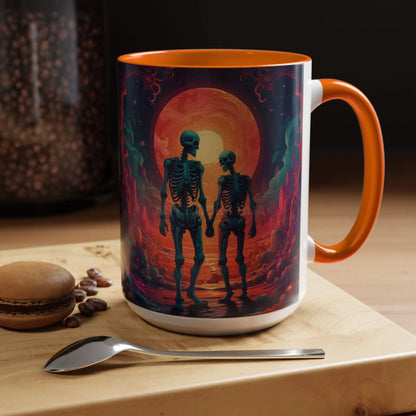 Skeletons in Love Accent Coffee Mug — Retro Neon Skull Couple 11/15oz - Mug