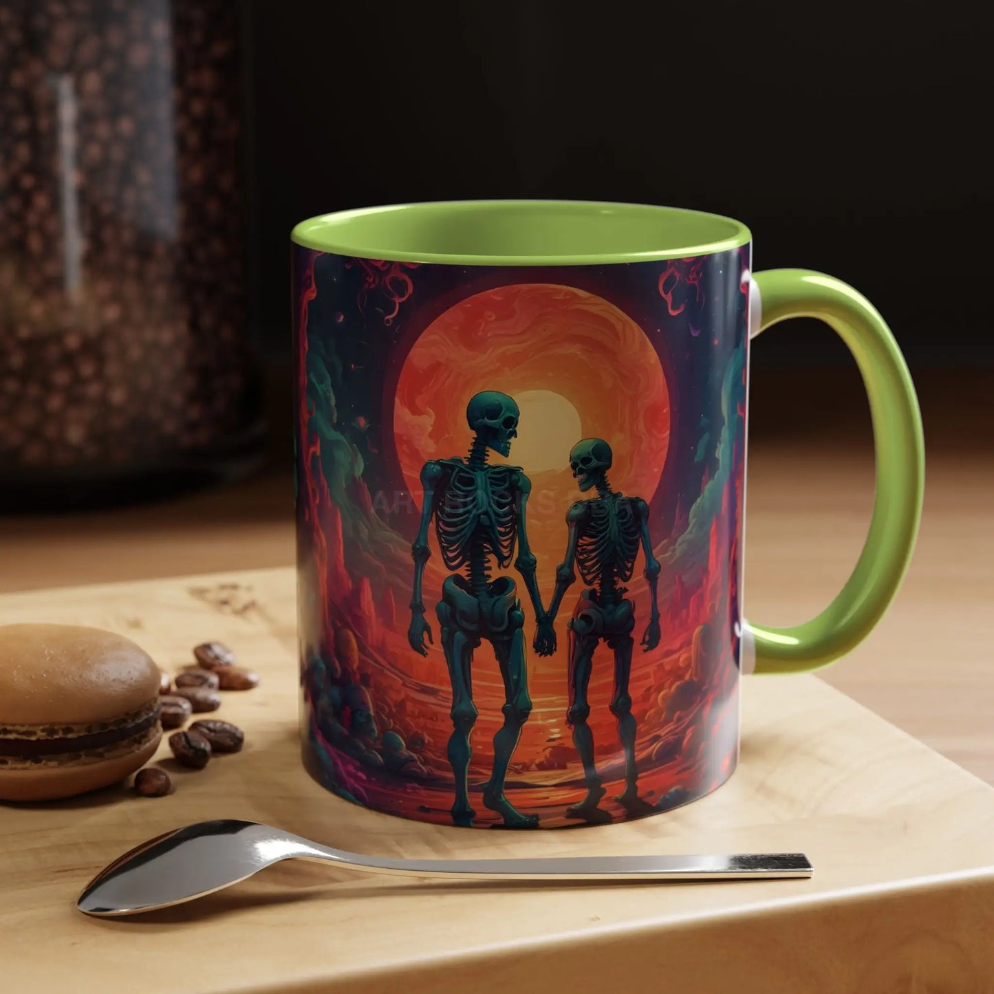 Skeletons in Love Accent Coffee Mug — Retro Neon Skull Couple 11/15oz - Mug