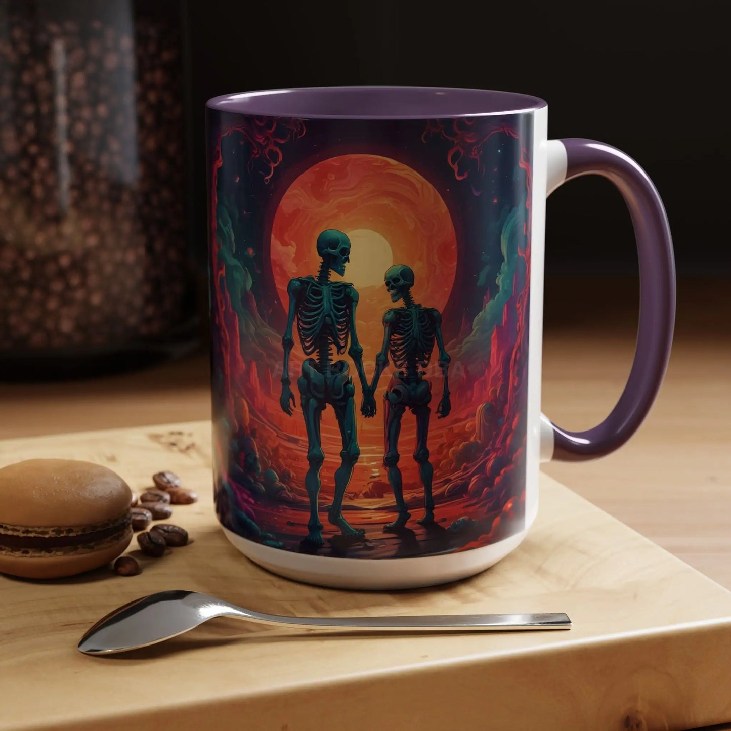 Skeletons in Love Accent Coffee Mug — Retro Neon Skull Couple 11/15oz - Mug