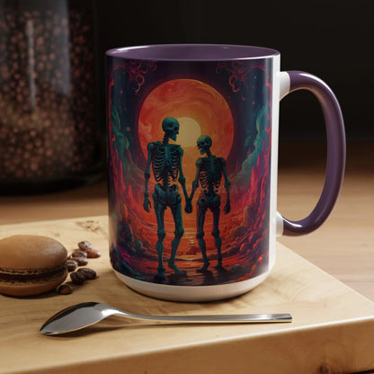 Skeletons in Love Accent Coffee Mug — Retro Neon Skull Couple 11/15oz - Mug