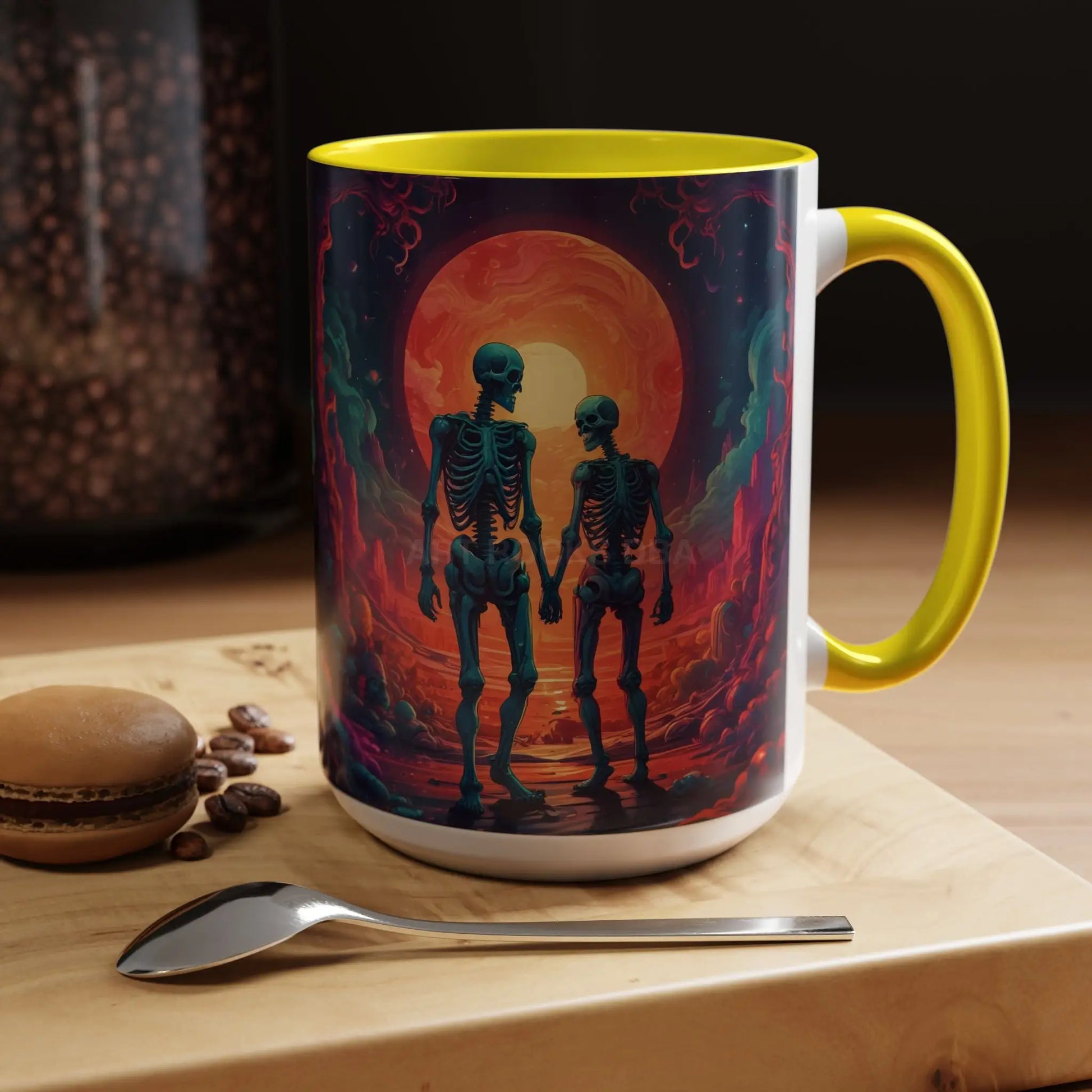 Skeletons in Love Accent Coffee Mug — Retro Neon Skull Couple 11/15oz - Mug