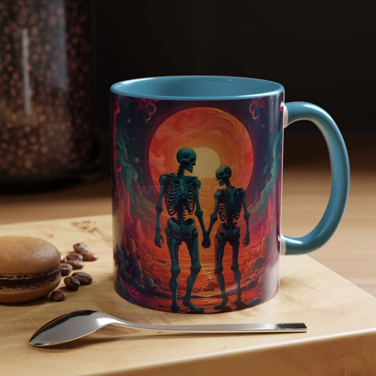 Skeletons in Love Accent Coffee Mug — Retro Neon Skull Couple 11/15oz - Mug