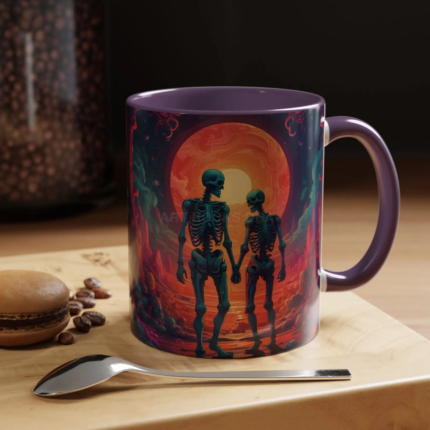 Skeletons in Love Accent Coffee Mug — Retro Neon Skull Couple 11/15oz - Mug