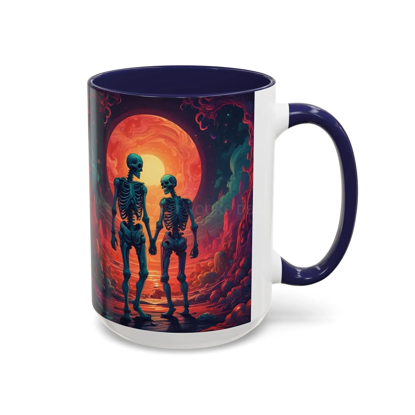 Skeletons in Love Accent Coffee Mug — Retro Neon Skull Couple 11/15oz - Mug
