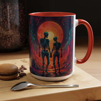 Skeletons in Love Accent Coffee Mug — Retro Neon Skull Couple 11/15oz - Mug