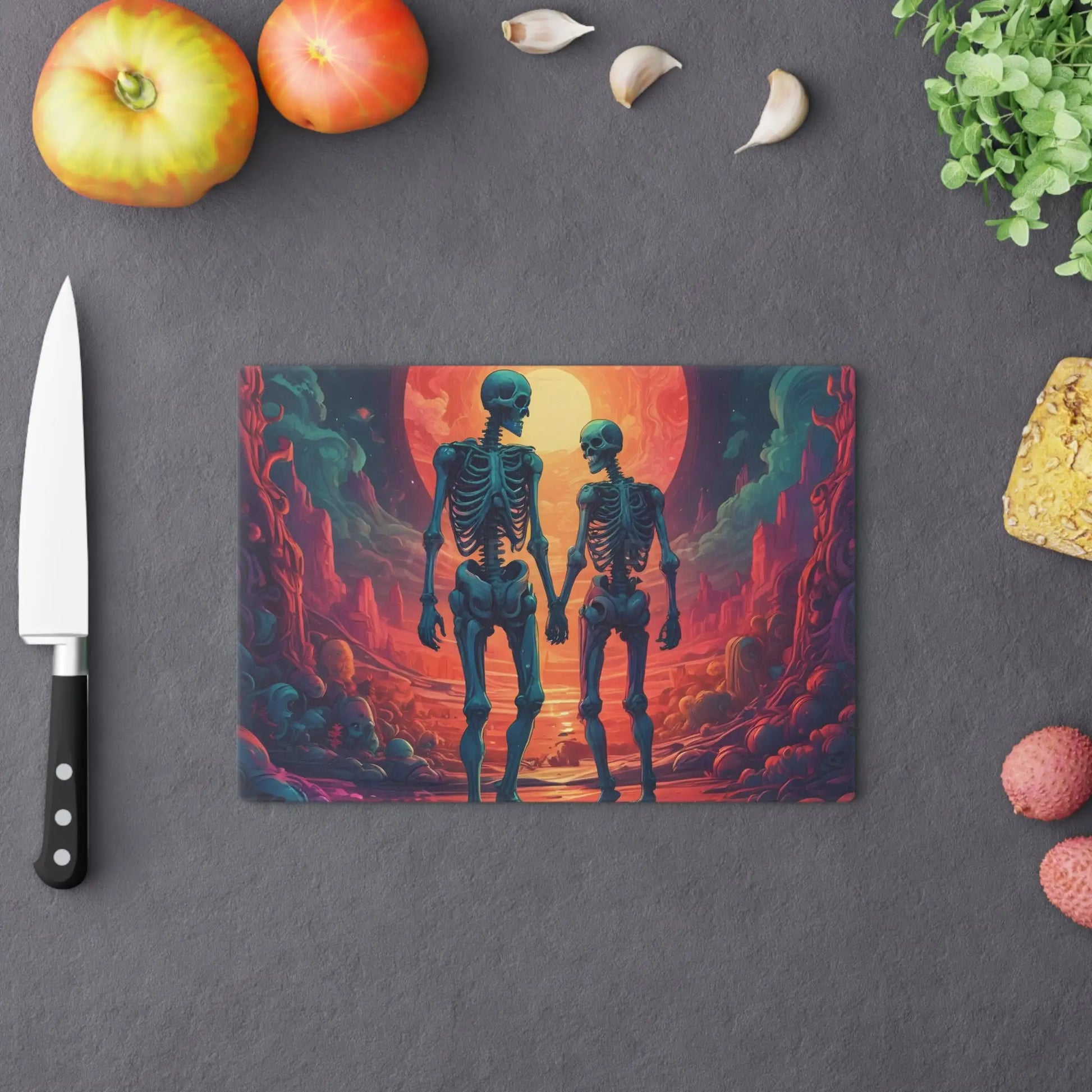 Skeletons in Love Cutting Board — Romantic Skull Art Kitchen Board - Home Decor