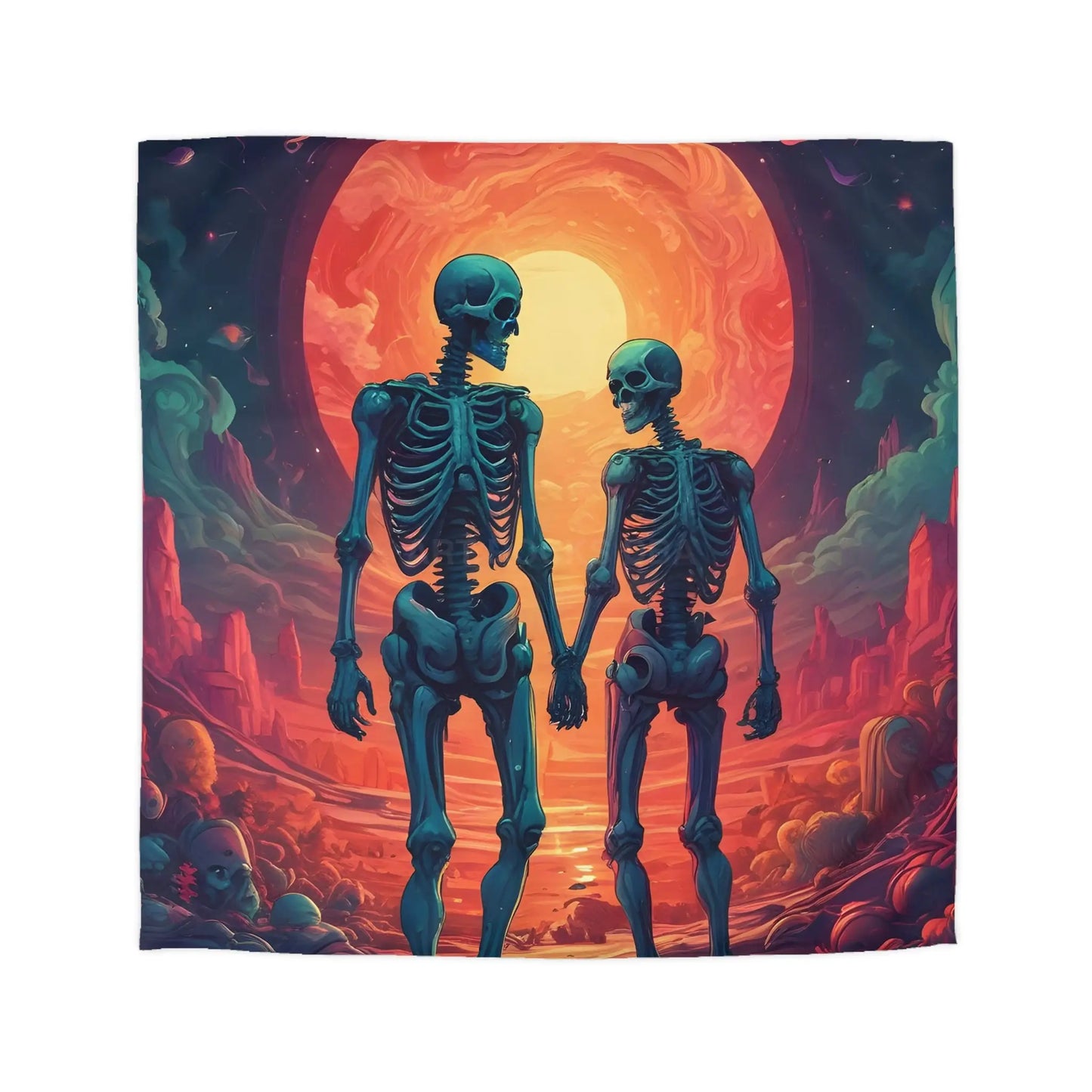 Skeletons in Love Duvet Cover - Cozy Bedroom Decor Halloween Couples Gift Unique Bedding Art Home Accent - Queen