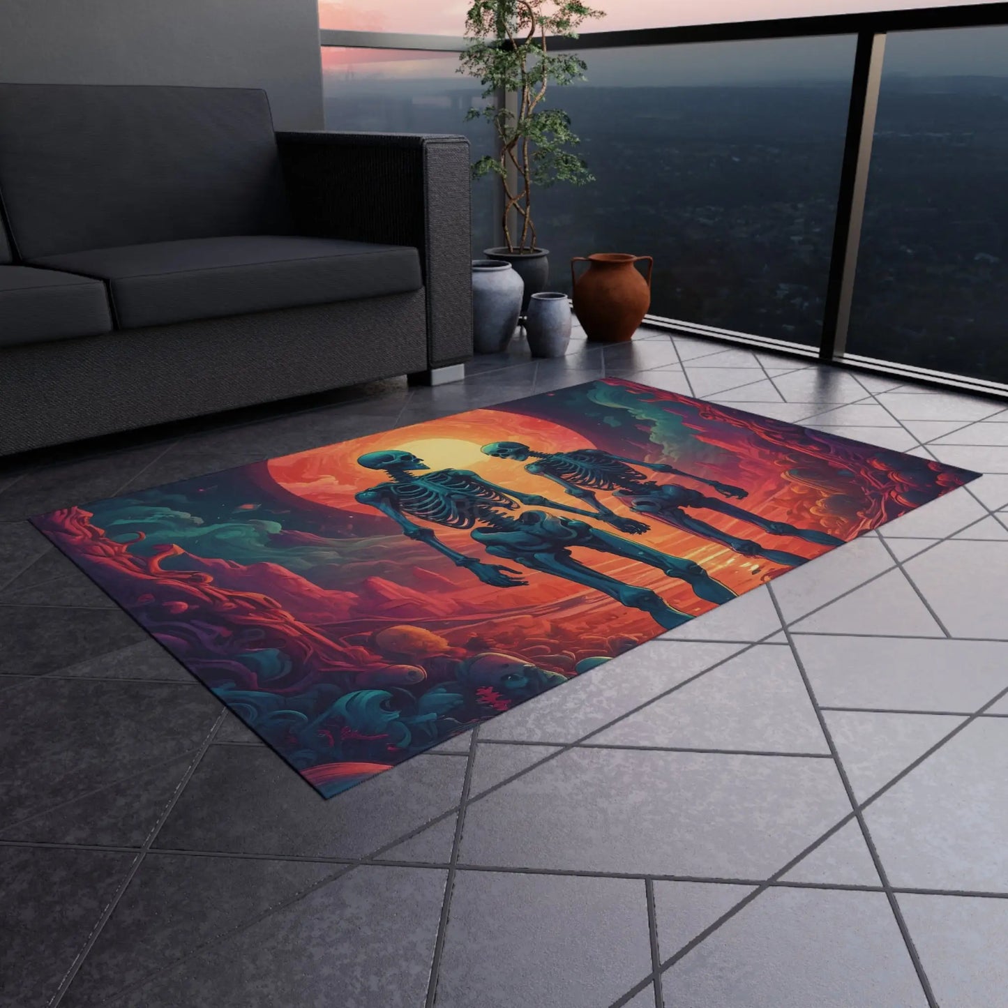 Skeletons in Love Outdoor Rug Unique Patio Decor Halloween Party Mat Boho Chic Entryway Carpet Funky Garden Accessory