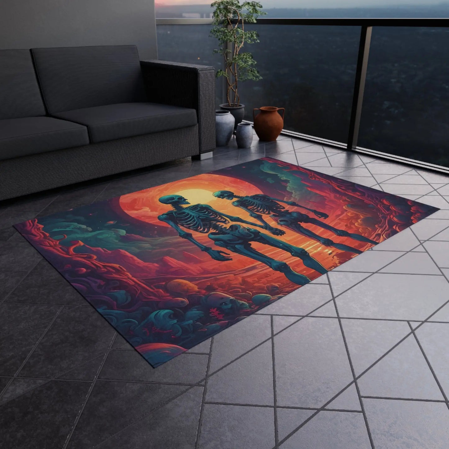 Skeletons in Love Outdoor Rug Unique Patio Decor Halloween Party Mat Boho Chic Entryway Carpet Funky Garden Accessory