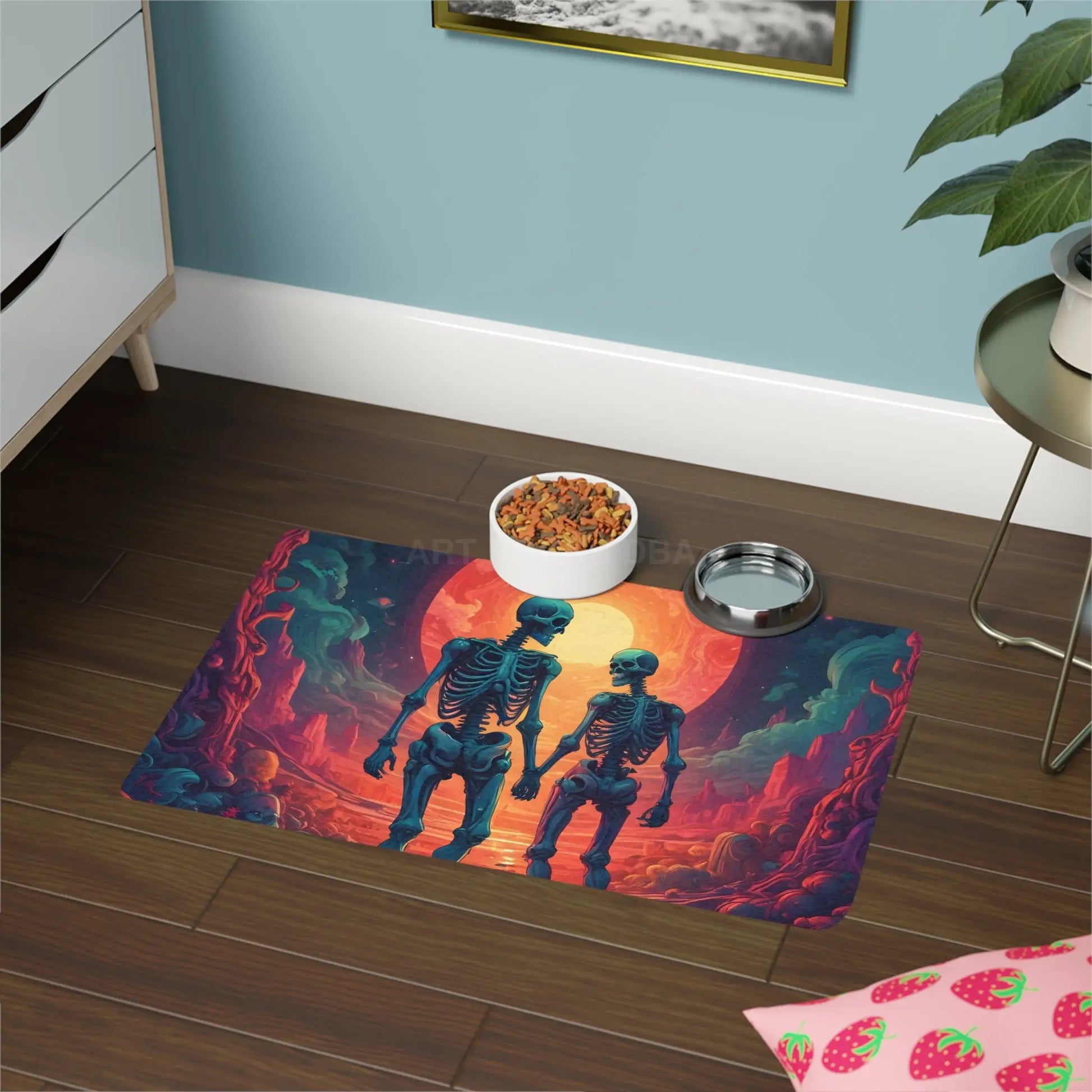 Skeletons in Love Pet Food Mat (12x18) — Spooky Sunset Dog Cat Feeding Mat - 12’’ × 18’’ / Rectangle - Pets