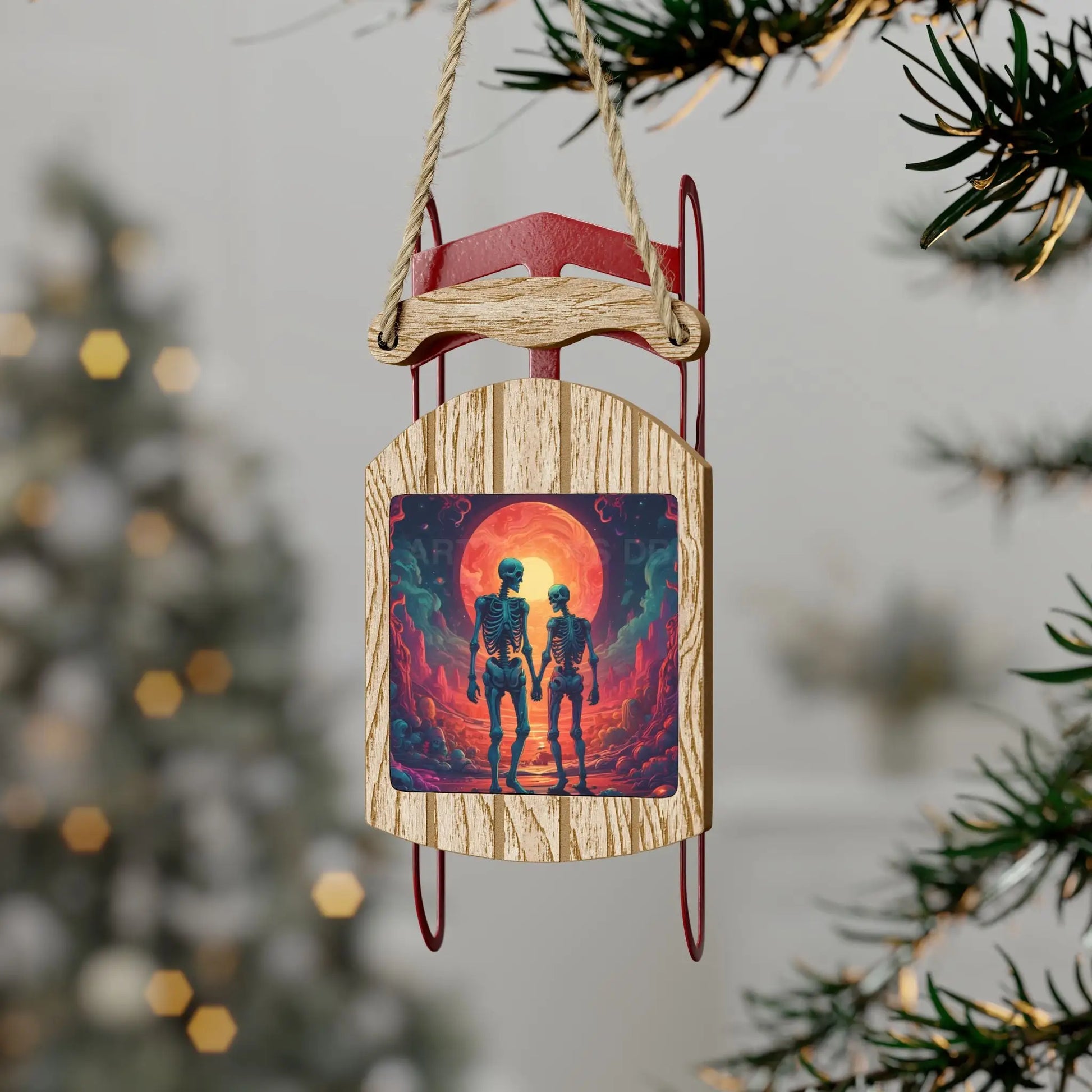 Skeletons in Love Sledding Ornament — Romantic Holiday Sled Ornament - 2.1’’ × 4.6’’ / 1 pc - Home Decor