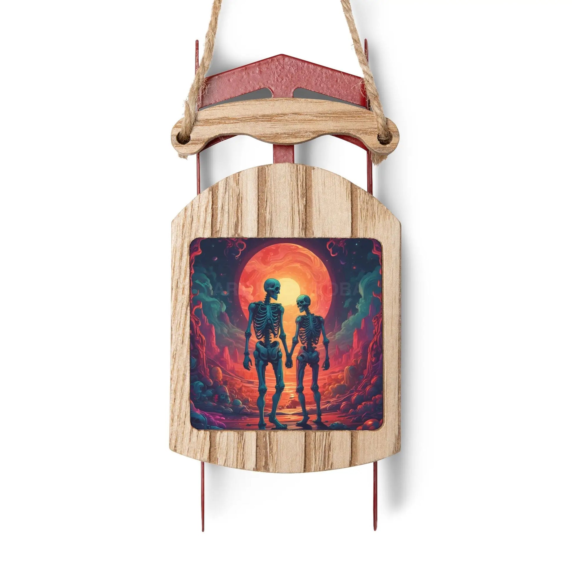 Skeletons in Love Sledding Ornament — Romantic Holiday Sled Ornament - 2.1’’ × 4.6’’ / 1 pc - Home Decor