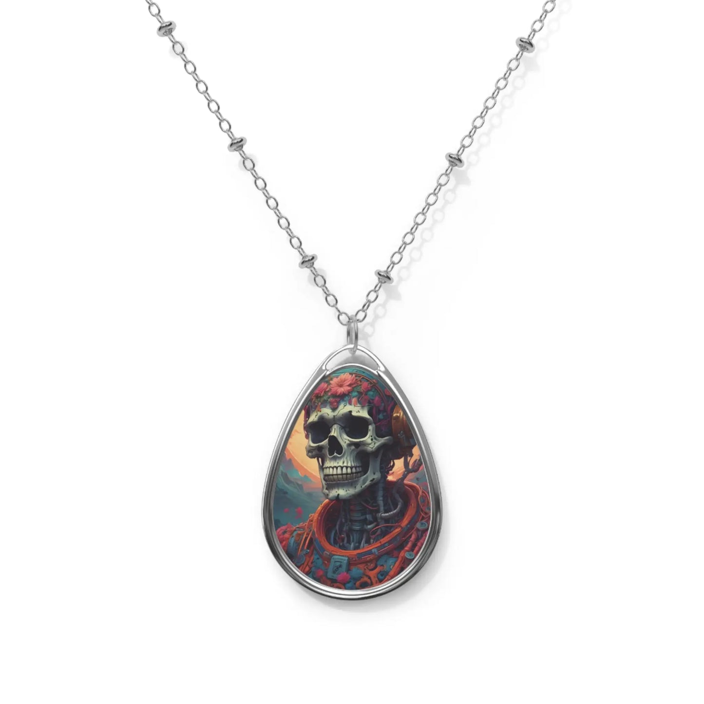 Skull Art Oval Necklace — Gothic Day of the Dead Pendant - One Size / Silver - Accessories