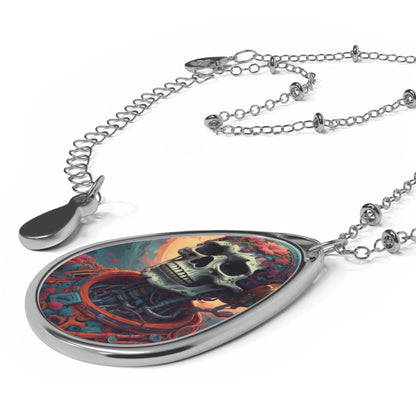 Skull Art Oval Necklace — Gothic Day of the Dead Pendant - One Size / Silver - Accessories