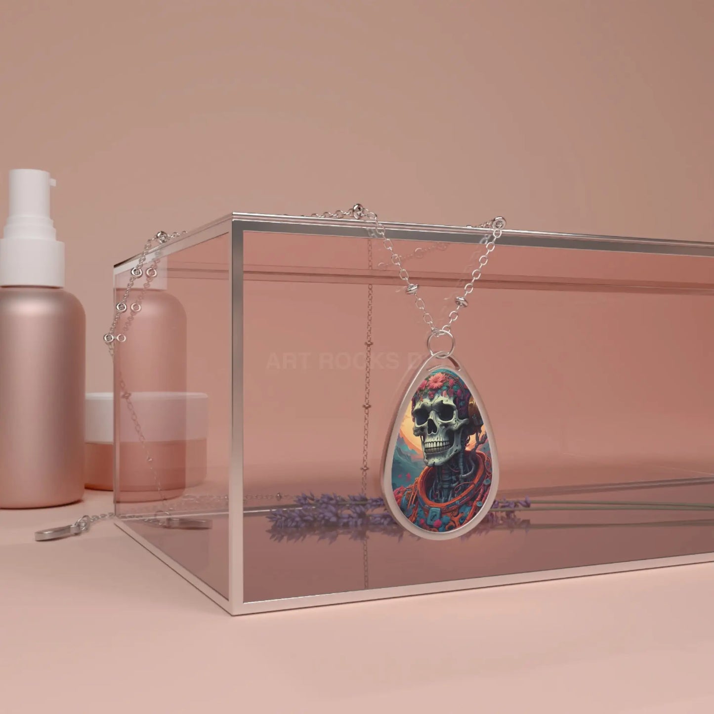 Skull Art Oval Necklace — Gothic Day of the Dead Pendant - One Size / Silver - Accessories