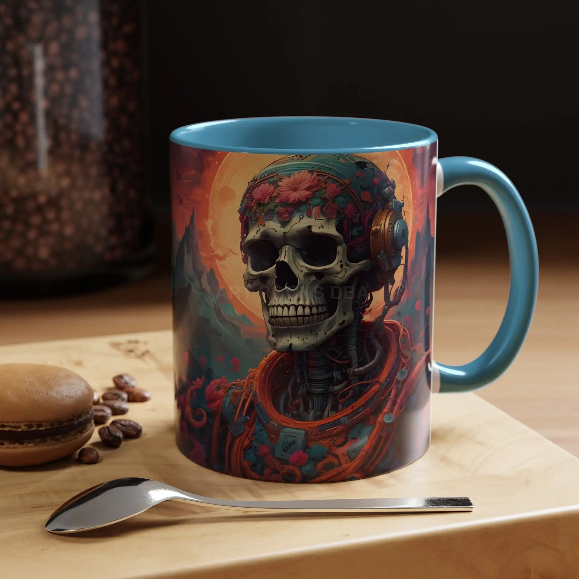 Skull DJ Accent Coffee Mug — Neon Retro Psychedelic Skull with Headphones (11/15oz) - Mug