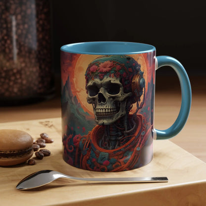 Skull DJ Accent Coffee Mug — Neon Retro Psychedelic Skull with Headphones (11/15oz) - Mug