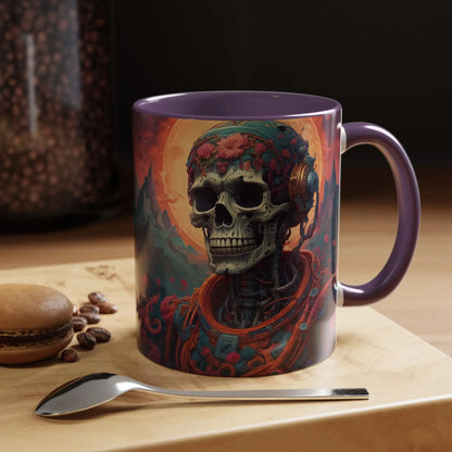 Skull DJ Accent Coffee Mug — Neon Retro Psychedelic Skull with Headphones (11/15oz) - Mug
