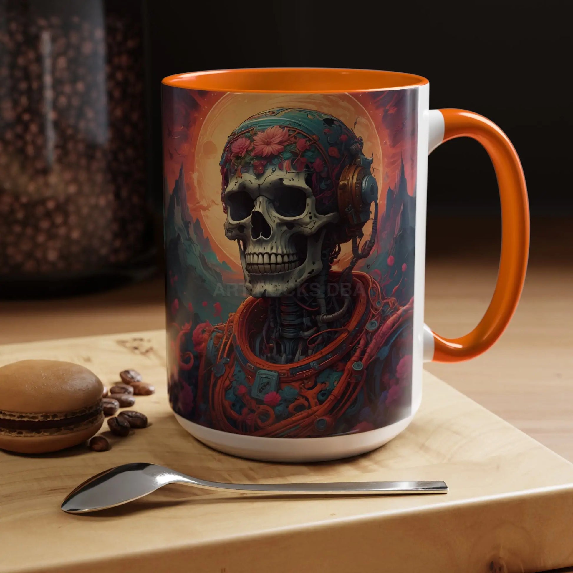 Skull DJ Accent Coffee Mug — Neon Retro Psychedelic Skull with Headphones (11/15oz) - Mug