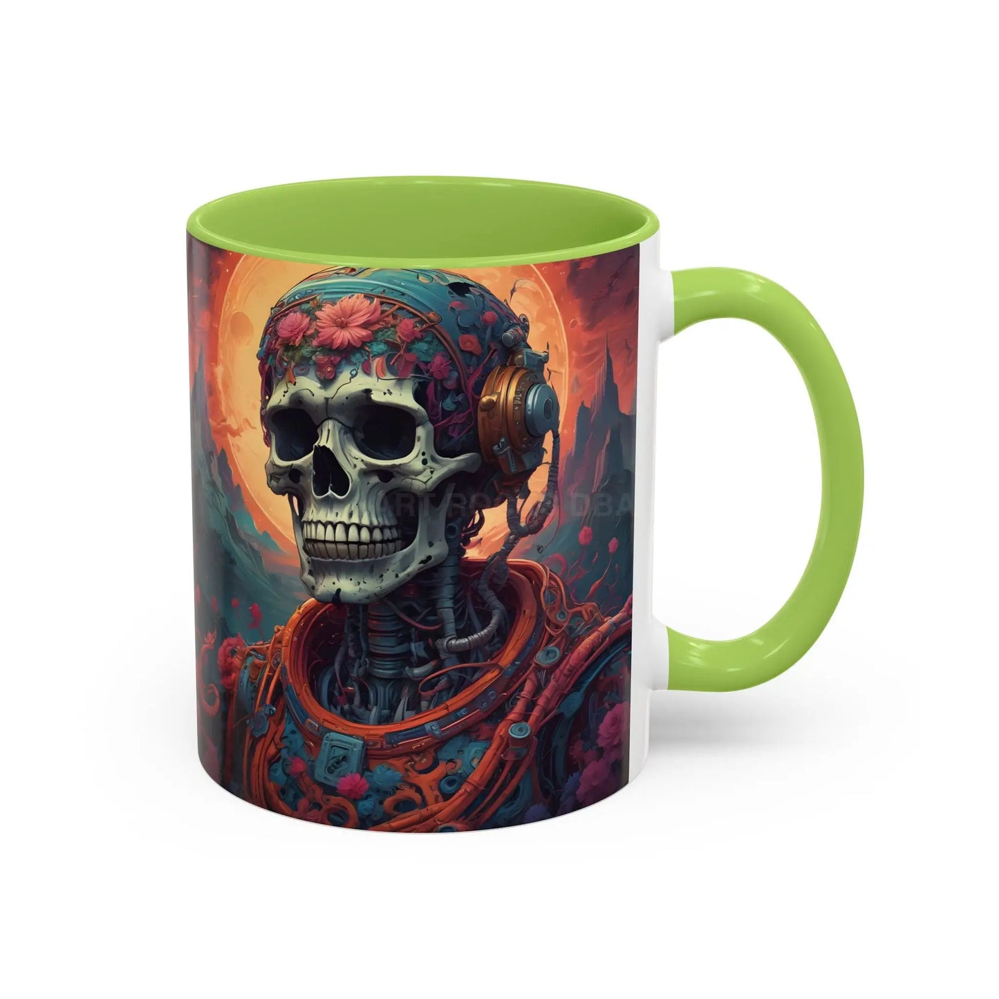 Skull DJ Accent Coffee Mug — Neon Retro Psychedelic Skull with Headphones (11/15oz) - Mug