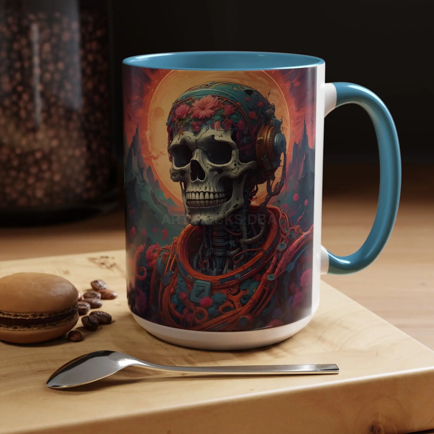 Skull DJ Accent Coffee Mug — Neon Retro Psychedelic Skull with Headphones (11/15oz) - Mug