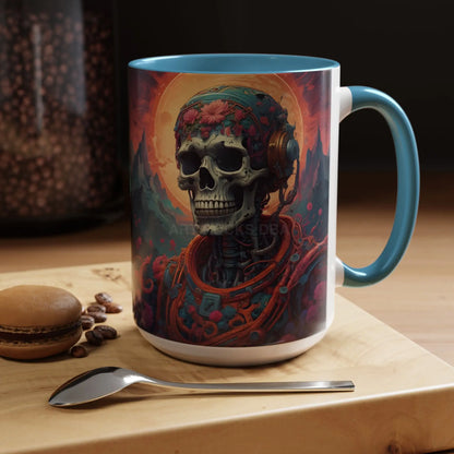 Skull DJ Accent Coffee Mug — Neon Retro Psychedelic Skull with Headphones (11/15oz) - Mug