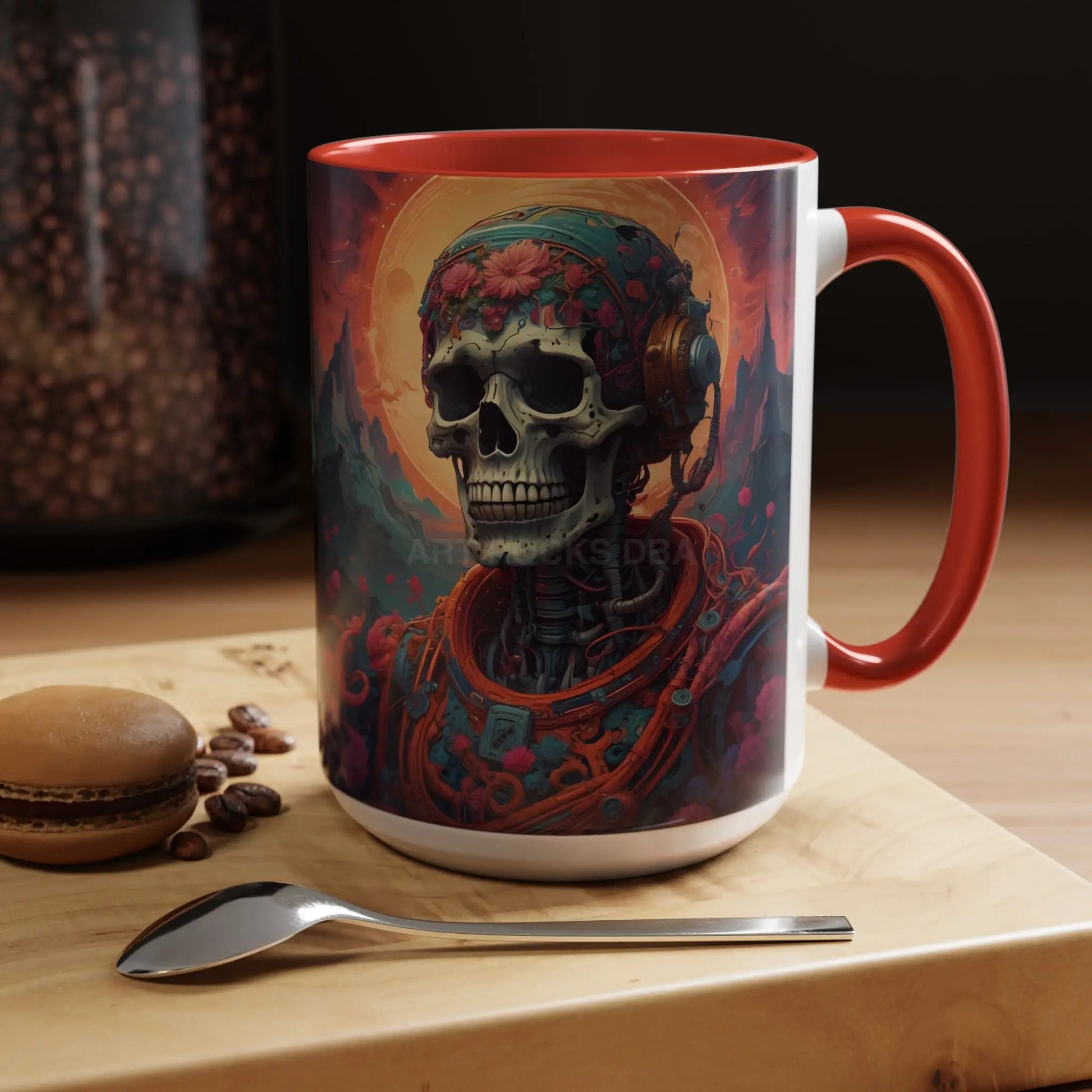 Skull DJ Accent Coffee Mug — Neon Retro Psychedelic Skull with Headphones (11/15oz) - Mug