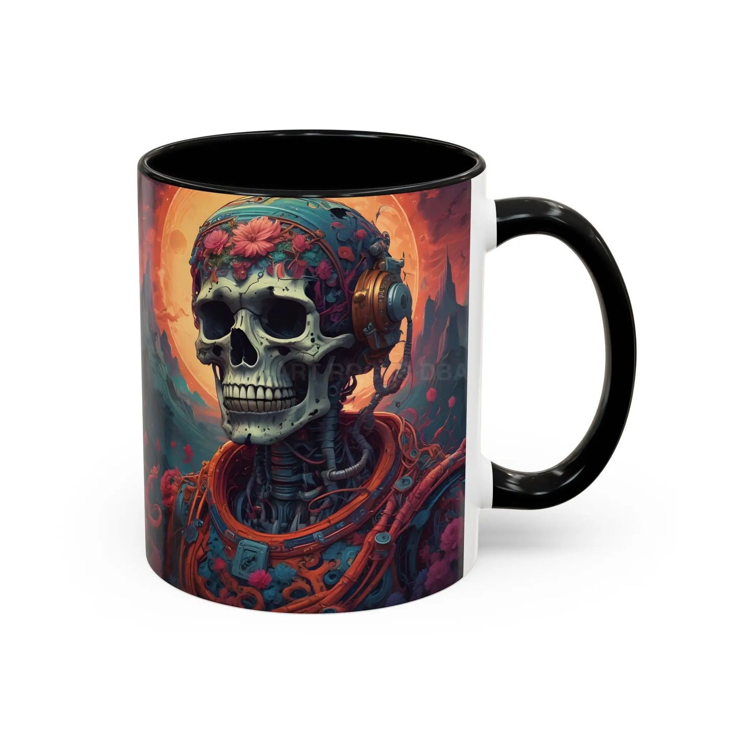 Skull DJ Accent Coffee Mug — Neon Retro Psychedelic Skull with Headphones (11/15oz) - Mug