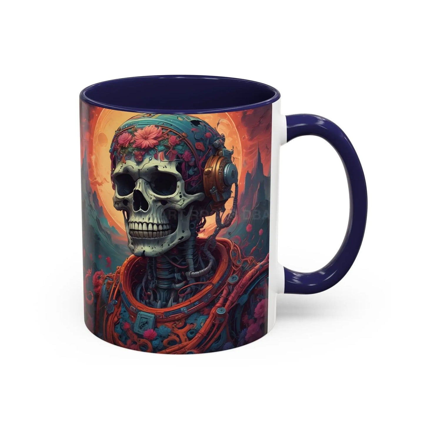 Skull DJ Accent Coffee Mug — Neon Retro Psychedelic Skull with Headphones (11/15oz) - Mug