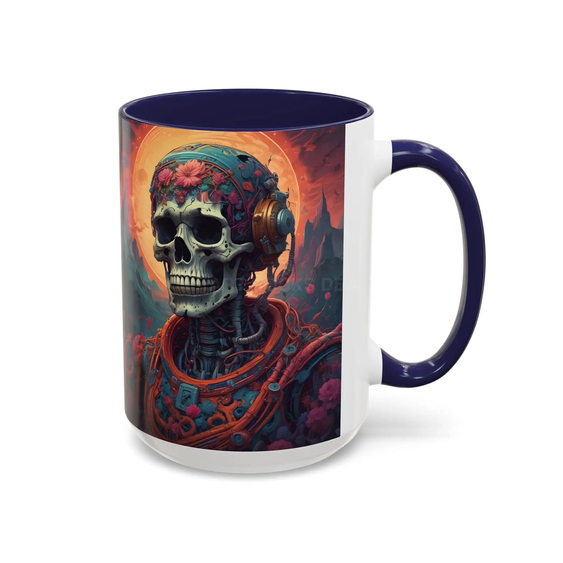 Skull DJ Accent Coffee Mug — Neon Retro Psychedelic Skull with Headphones (11/15oz) - Mug