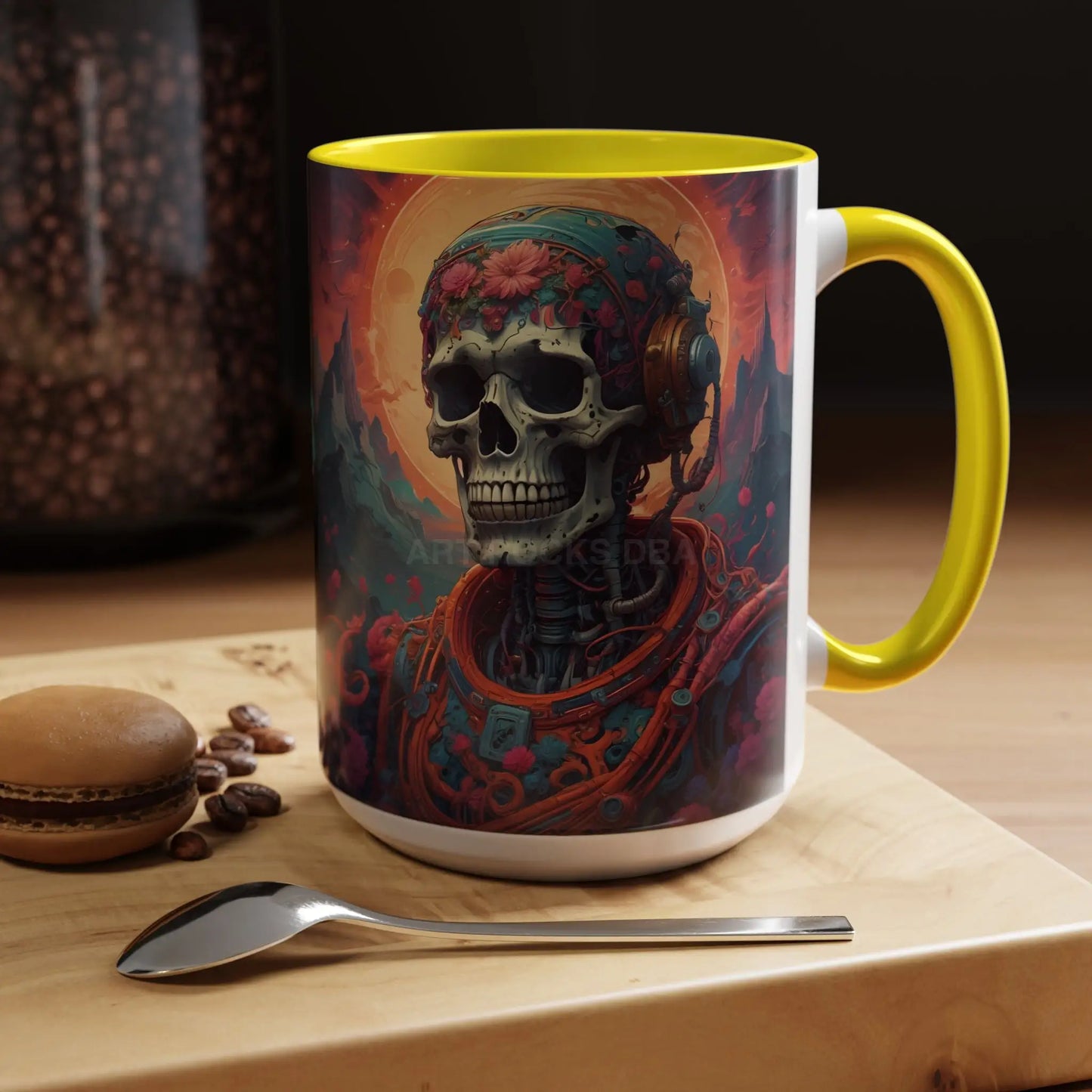 Skull DJ Accent Coffee Mug — Neon Retro Psychedelic Skull with Headphones (11/15oz) - Mug