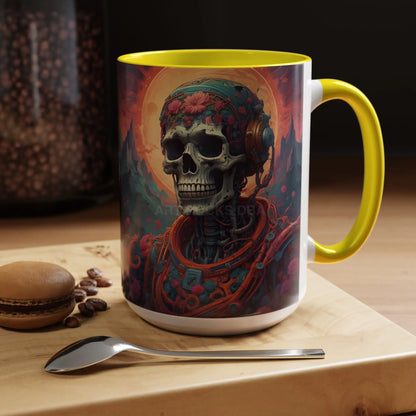 Skull DJ Accent Coffee Mug — Neon Retro Psychedelic Skull with Headphones (11/15oz) - Mug