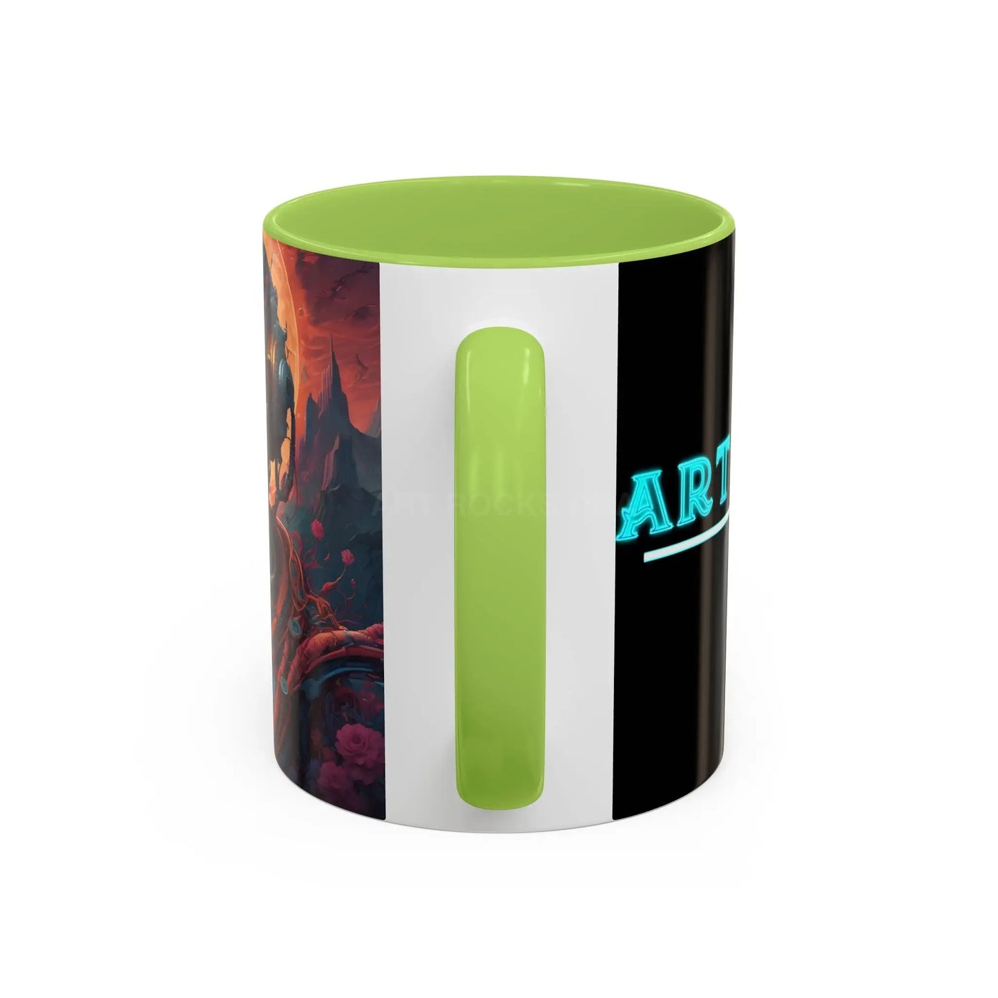 Skull DJ Accent Coffee Mug — Neon Retro Psychedelic Skull with Headphones (11/15oz) - Mug