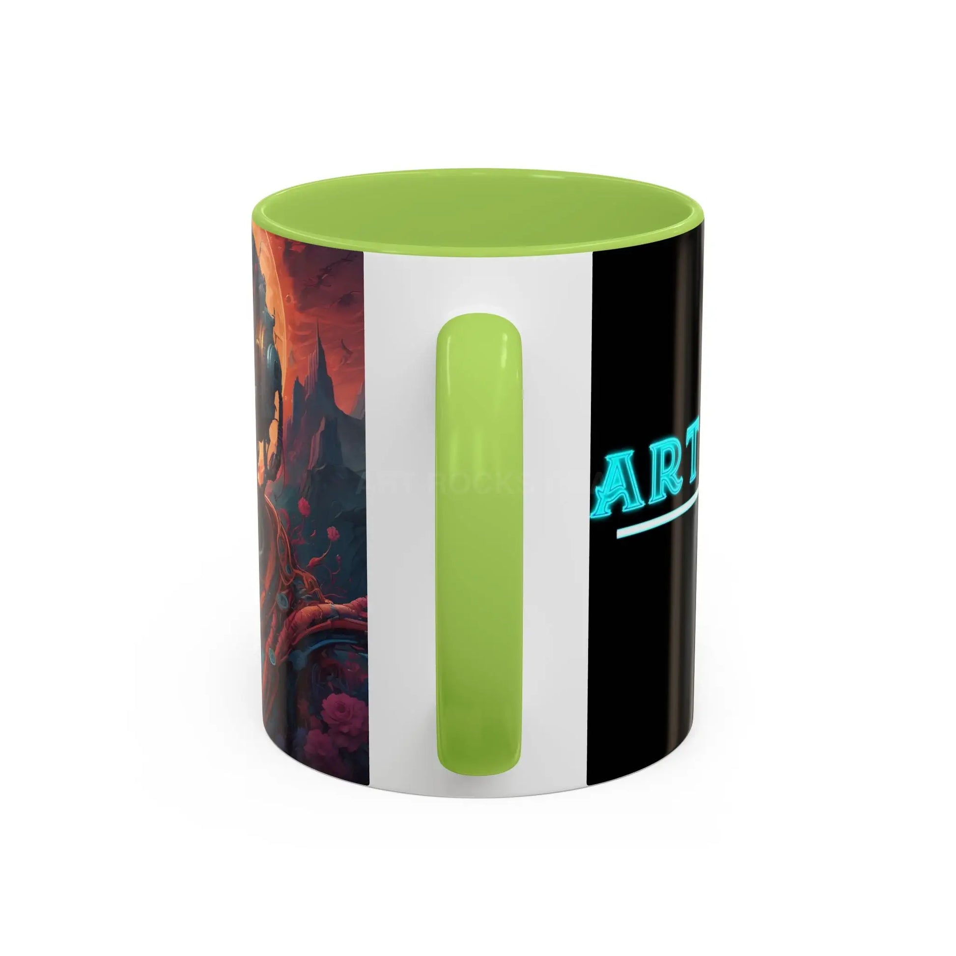 Skull DJ Accent Coffee Mug — Neon Retro Psychedelic Skull with Headphones (11/15oz) - Mug