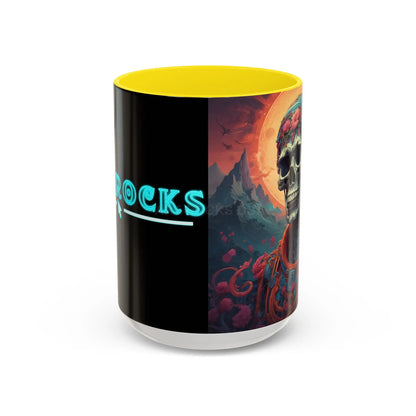 Skull DJ Accent Coffee Mug — Neon Retro Psychedelic Skull with Headphones (11/15oz) - 15oz / Yellow - Mug