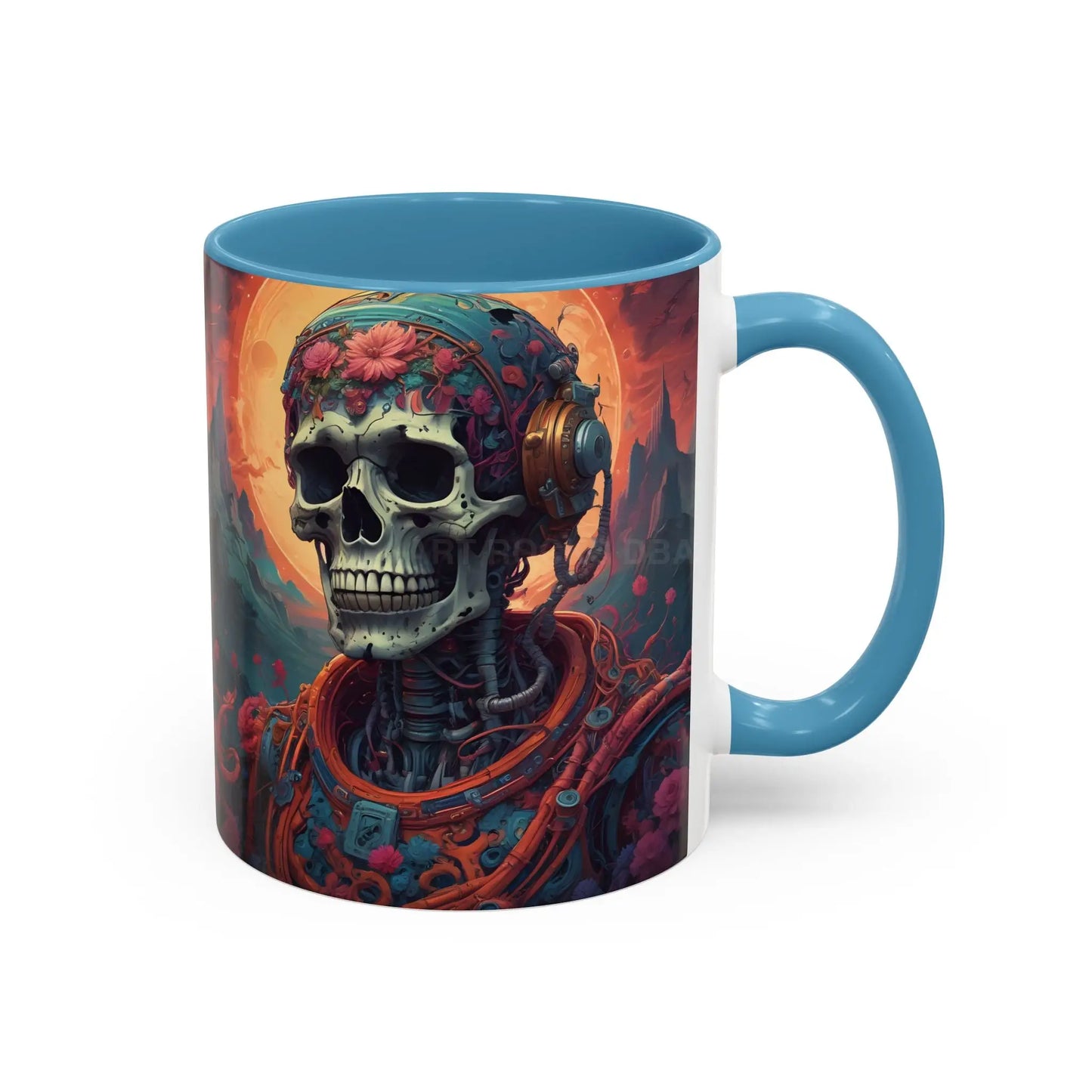 Skull DJ Accent Coffee Mug — Neon Retro Psychedelic Skull with Headphones (11/15oz) - Mug