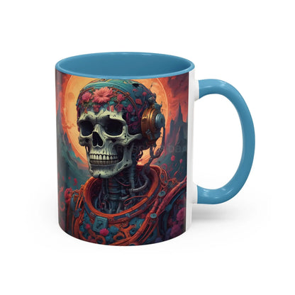 Skull DJ Accent Coffee Mug — Neon Retro Psychedelic Skull with Headphones (11/15oz) - Mug