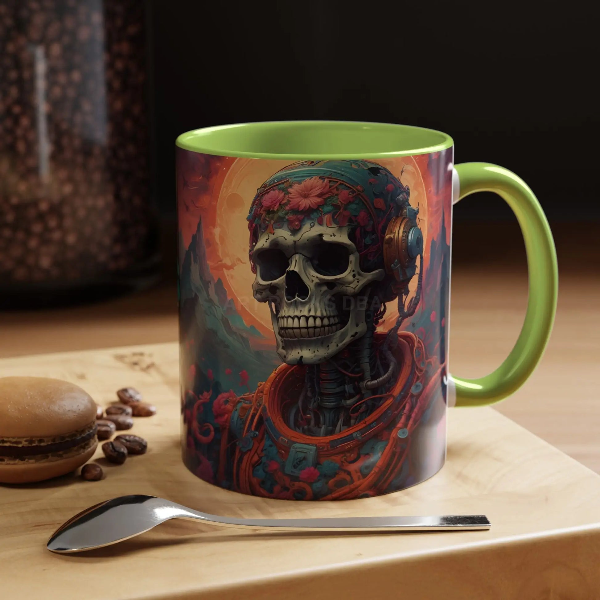 Skull DJ Accent Coffee Mug — Neon Retro Psychedelic Skull with Headphones (11/15oz) - Mug