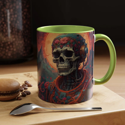 Skull DJ Accent Coffee Mug — Neon Retro Psychedelic Skull with Headphones (11/15oz) - Mug