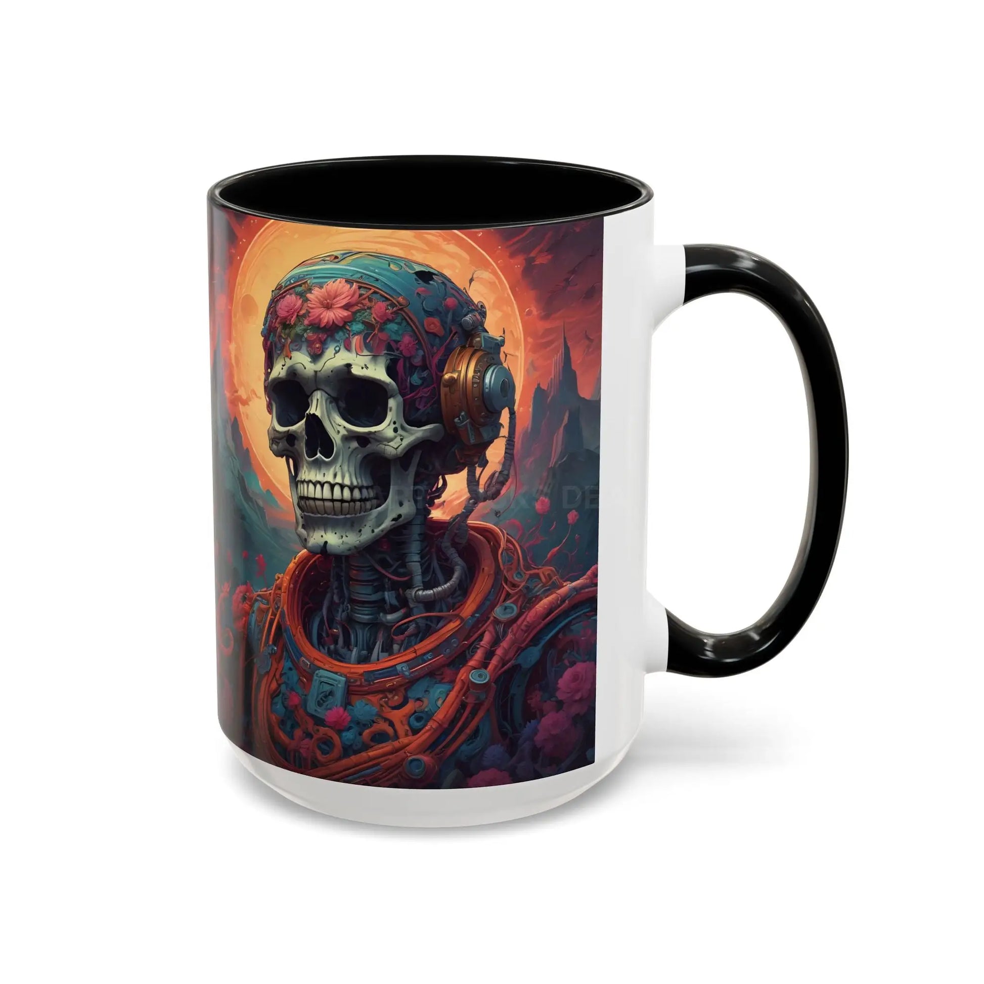 Skull DJ Accent Coffee Mug — Neon Retro Psychedelic Skull with Headphones (11/15oz) - Mug