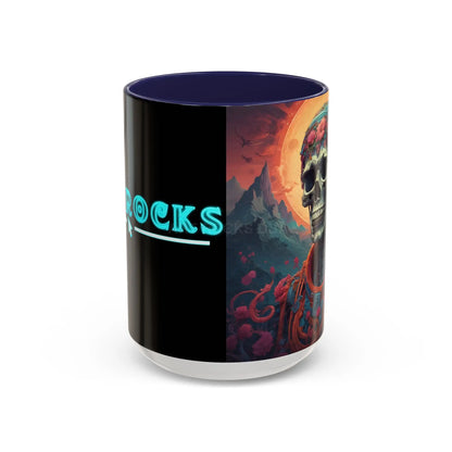 Skull DJ Accent Coffee Mug — Neon Retro Psychedelic Skull with Headphones (11/15oz) - 15oz / Navy - Mug