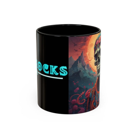 Skull DJ Accent Coffee Mug — Neon Retro Psychedelic Skull with Headphones (11/15oz) - 11oz / Black - Mug