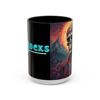 Skull DJ Accent Coffee Mug — Neon Retro Psychedelic Skull with Headphones (11/15oz) - 15oz / Black - Mug
